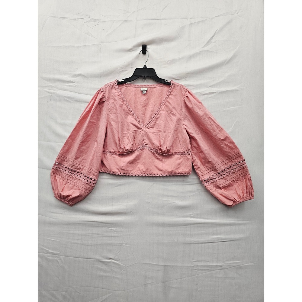 A‎ New Day Womens V-Neck Puff Sleeve Blouse Pink Cotton Casual Size XL